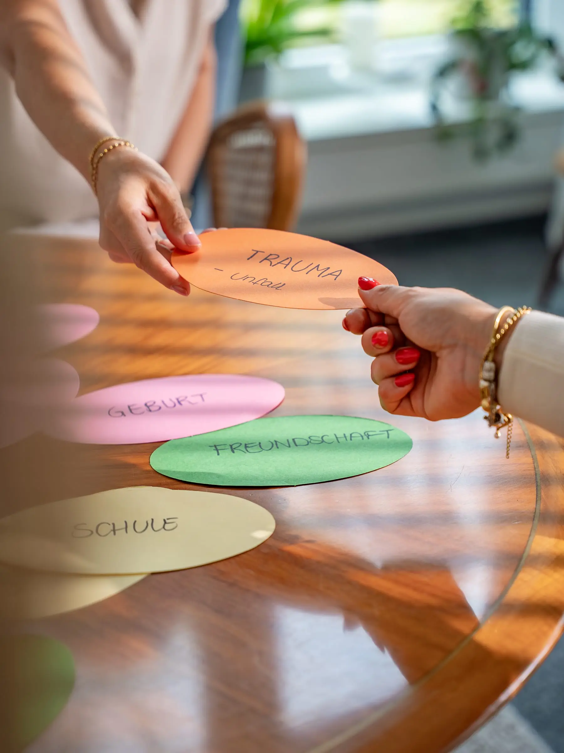 Karten mit Lebensthemen wie Schule und Freundschaft werden in der systemischen Fallarbeit weitergereicht