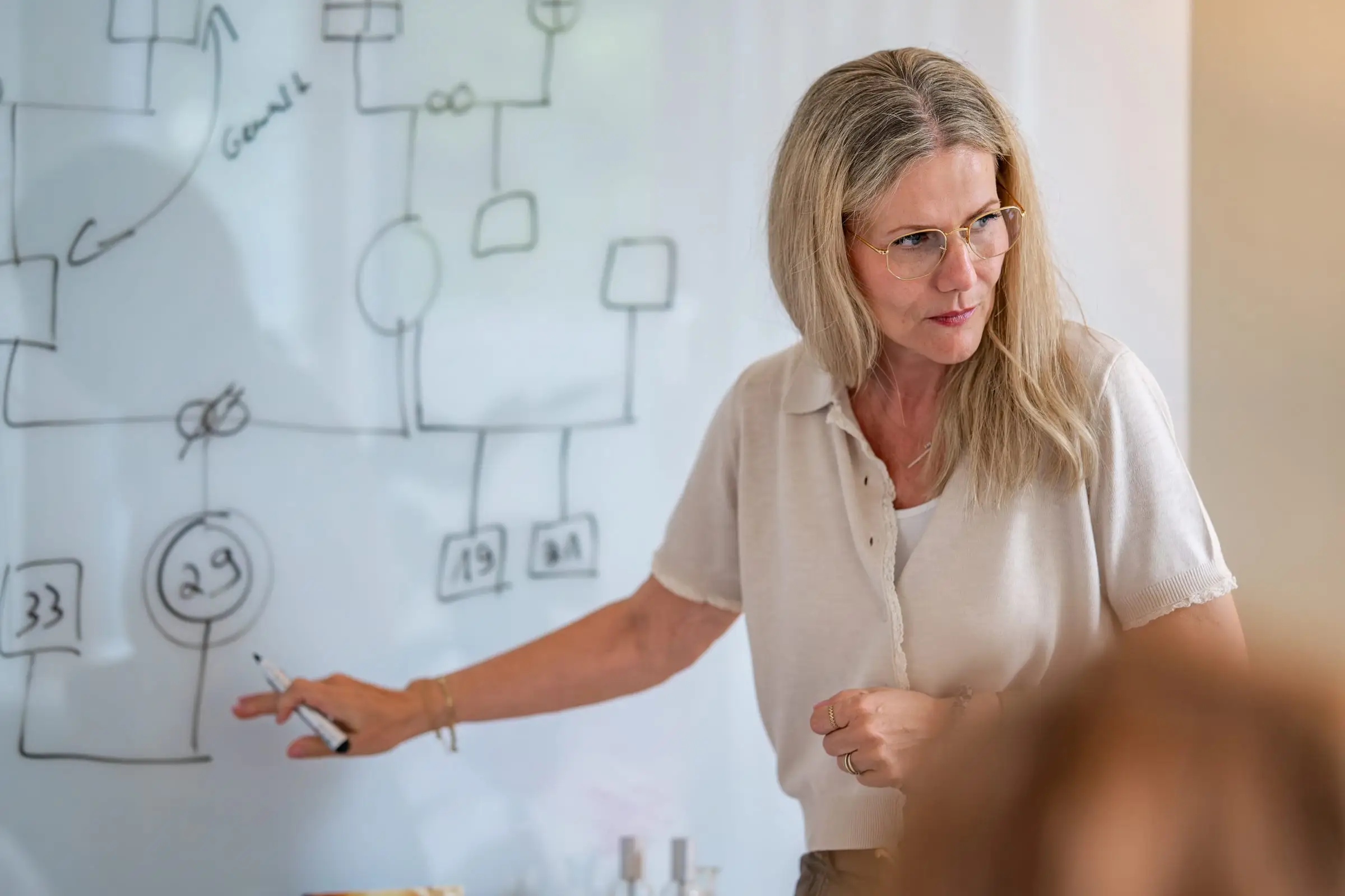 Beraterin erläutert ein systemisches Modell am Whiteboard